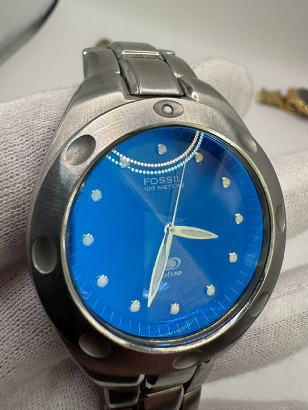 Fossil Blue Men AM3345 Diver Rotating Bezel Silver Tone Quartz 39mm Watch 7 1/2"